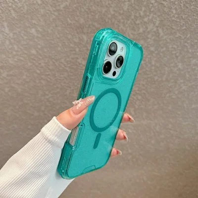 For iPhone 16 Pro Max Magnetic Phone Case Detachable 2-in-1 Glitter TPU PC Cover Compatible with MagSafe - Mint Green