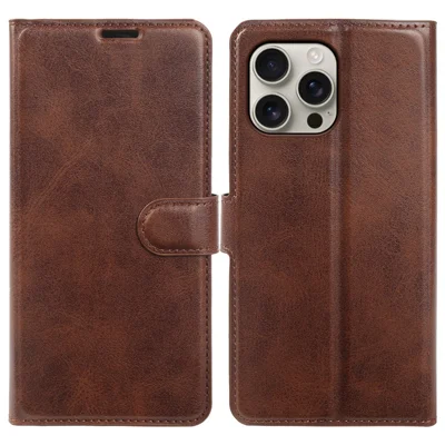 For iPhone 16 Pro Max Case Stand Wallet Calf Texture PU Leather Flip Phone Cover - Brown