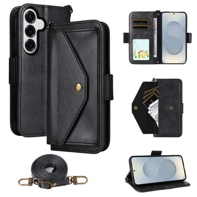 For Samsung Galaxy S26 Leather Case Magnetic Closure Wallet Stand Phone Cover with Crossbody Strap - Black