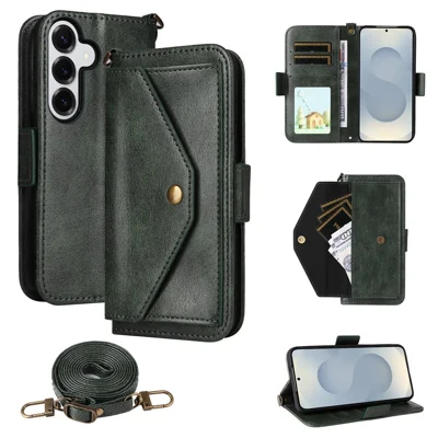 For Samsung Galaxy S26+ Leather Case Magnetic Closure Wallet Stand Phone Cover with Crossbody Strap - Green