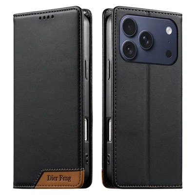DIERFENG DF-018 pour iPhone 17 Pro max Coque Portefeuille en Cuir RFID Bloquant avec Coin du Logo en Couleur Découpée - Noir