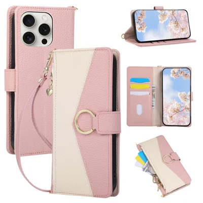 For iPhone 14 Pro Max Wallet Case Triangular Splicing Zipper Leather Flip Cover with Wrist Strap - Pink