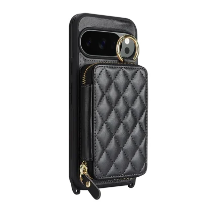 For Google Pixel 10 Pro XL Case Ring Holder Zipper Pocket Kickstand Leather Back Phone Cover with Shoulder Strap - Black
