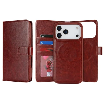 Capa Carteira Magnética para iPhone 17 Pro Max, Capa em Couro PU Resistente a Quedas, com Design Desmontável - Castanho Escuro