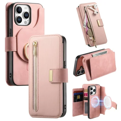 For iPhone 15 Pro Magnetic Leather Case with Detachable RFID Blocking Zipper Wallet Cover - Pink