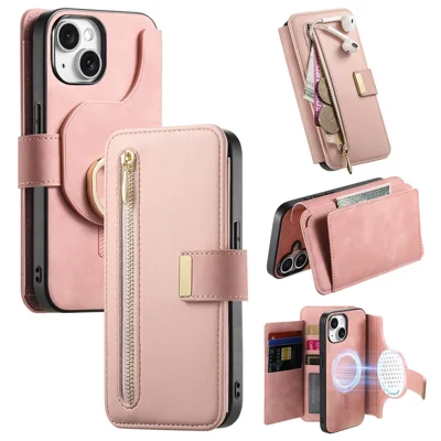 For iPhone 15 Magnetic Leather Case with Detachable RFID Blocking Zipper Wallet Cover - Pink