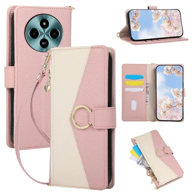 Coque portefeuille zippée pour Xiaomi Poco M7 5G, étui à rabat avec anneau triangulaire et fermeture magnétique, en cuir - Rose