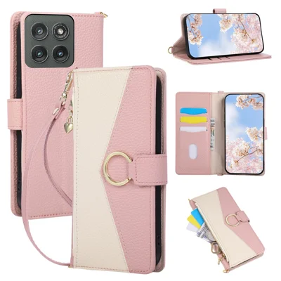 Wallet Case for Motorola Edge 60 5G / 60s 5G / 60 Fusion 5G / 60 Pro 5G Triangular Splicing Zipper Leather Flip Cover with Wrist Strap - Pink