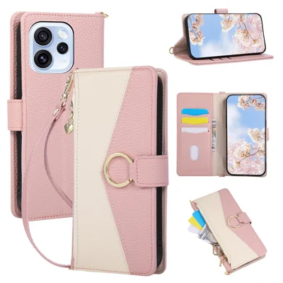 Wallet Case for Oppo Reno15 Pro 5G (Global) / Reno15 5G (China) Triangular Splicing Zipper Leather Flip Cover with Wrist Strap - Pink