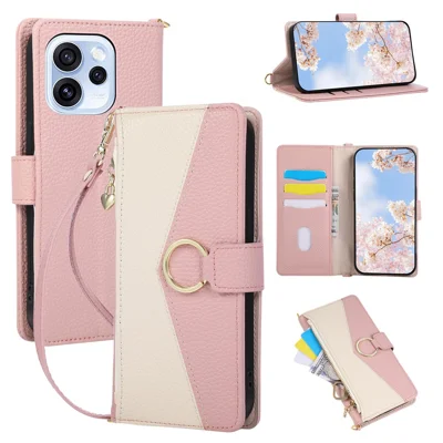 Wallet Case for Oppo Reno15 F 5G / Reno15 FS 5G Triangular Splicing Zipper Leather Flip Cover with Wrist Strap - Pink
