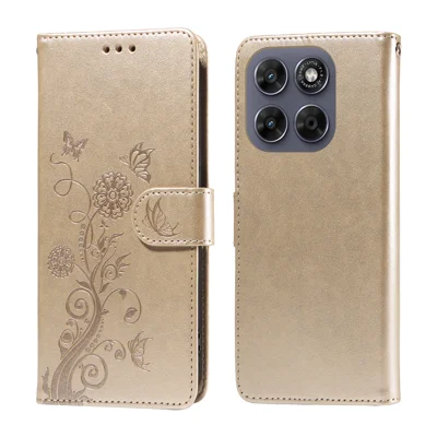 Läderlugg för Motorola Moto G77 5G / Motorola Moto G67 5G med vingefjärils- och blommönster, plånbok och ställfunktion - Guld
