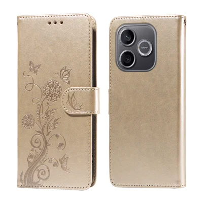 Capa em Pele para Honor 600 Lite 5G com Estampa de Borboleta e Flores, Capa Carteira com Suporte - Dourado