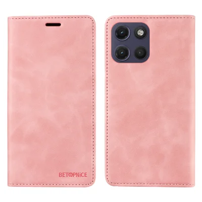 BETOPNICE For Motorola Moto G17 Power 4G / G17 4G / G15 4G / G15 Power 4G Case  Magnetic Closure RFID Blocking Wallet Stand Leather Phone Cover - Pink
