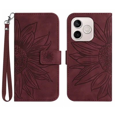 Capa para Honor 600 Lite 5G com Estampa de Girassol, Capa Carteira em Pele com Alça de Pulso - Vermelho Vinho