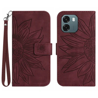 For Oppo A6x 5G / A6x 4G / A6x 5G (India) / A6s 5G / A6 4G / A6 5G (Global) / A6t 4G / A6t 5G / A6t Pro 4G (Global) / A6c 4G Case Sunflower Imprint Leather Wallet Phone Cover with Wrist Strap - Wine Red