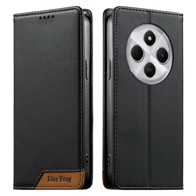 DIERFENG DF-018 voor Xiaomi Poco C75 4G / Redmi 14R 5G / 14C 4G Hoesje RFID-blokkering Portemonnee Lederen Telefoonhoes met Kleurgekleurde Logo Hoek - Zwart