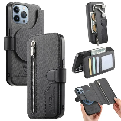 For iPhone 15 Pro Magnetic Case RFID Blocking Detachable Wallet Stand Cloth Texture Leather Phone Cover - Black
