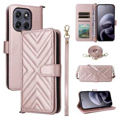 For Motorola Moto G Max 5G / G87 5G / G77 5G / G67 5G Leather Case Stand Wallet Phone Cover with Shoulder  /  Wrist Strap - Pink