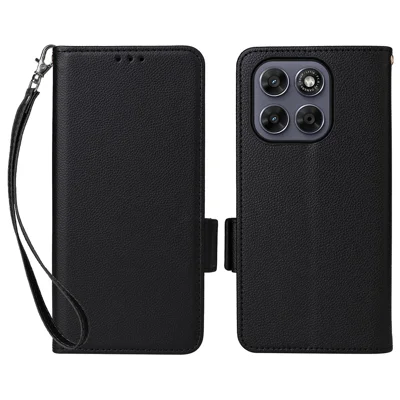 Phone Case For Motorola Moto G Max 5G / G87 5G / G77 5G / G67 5G Litchi Texture Wallet Leather Phone Cover with Wrist Strap - Black