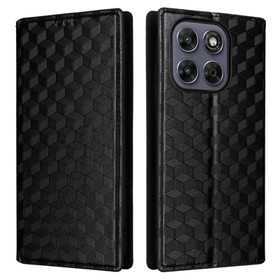 For Motorola Moto G Max 5G / G87 5G / G77 5G / G67 5G Case Wallet Rhombus Imprinted PU Leather Phone Cover - Black