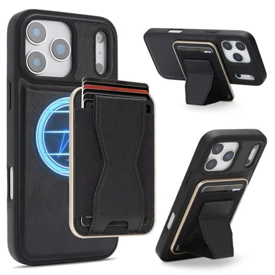 For iPhone 17 Pro Magnetic Case with Detachable Card Holder Kickstand TPU + PU Back Cover Compatible with MagSafe - Black