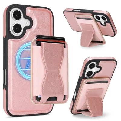 Etui magnetyczne do iPhone 17 z wyjmowanym uchwytem na kartę, etui tył z TPU + PU z funkcją podpórki, kompatybilne z MagSafe - różowy
