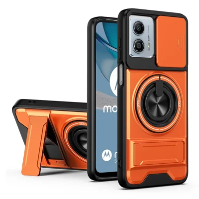 For Motorola Moto G53 5G Magnetic Case Ring Holder Foldable Kickstand TPU PC Phone Cover with Camera Lens Slider - Orange