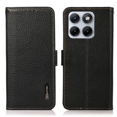 KHAZNEH pour Motorola Edge 70 Fusion 5G Étui en Cuir Véritable Texturé Type Litchi Protection Anti-RFID - Noir