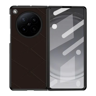 غطاء هاتف Oppo Find N6 5G بتصميم نمط X من مادة البولي يوريثان المرنة والجلد الصناعي وطبقة خلفية من البولي كربونات مقاوم للسقوط - بني