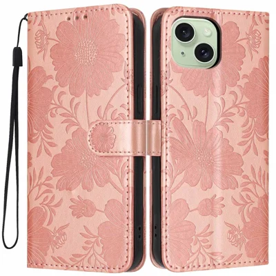 Wallet Case For iPhone 14  /  13 Imprint Floral PU Leather Stand Flip Phone Cover with Wrist Strap - Rose Gold