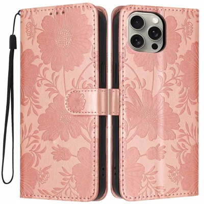 For iPhone 15 Pro Max Wallet Case Imprint Floral PU Leather Stand Flip Phone Cover with Wrist Strap - Rose Gold