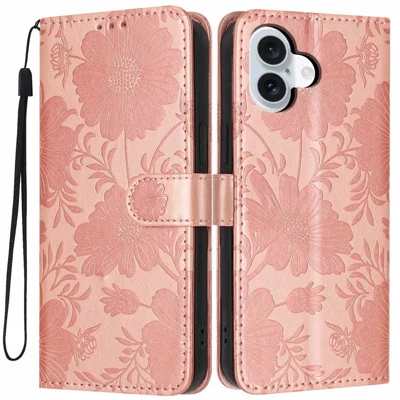 For iPhone 16 Wallet Case Imprint Floral PU Leather Stand Flip Phone Cover with Wrist Strap - Rose Gold