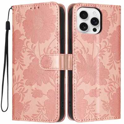 For iPhone 16 Pro Wallet Case Imprint Floral PU Leather Stand Flip Phone Cover with Wrist Strap - Rose Gold
