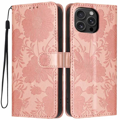 For iPhone 16 Pro Max Wallet Case Imprint Floral PU Leather Stand Flip Phone Cover with Wrist Strap - Rose Gold