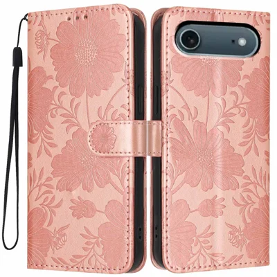 Coque portefeuille pour iPhone Air, coque à rabat en cuir PU avec motif floral imprimé, support intégré et dragonne - Or rose