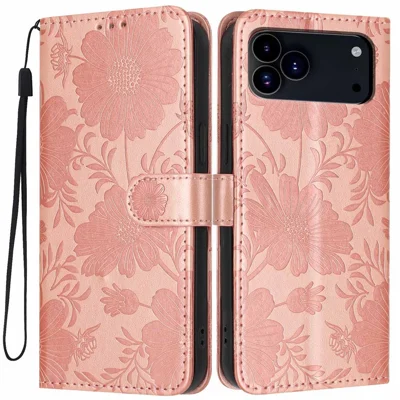 Folia na iPhone 17 Pro Max z portfelikiem, nadruk kwiatów, skóra PU, etui odchylane z uchwytem i zegarem - różowe złoto