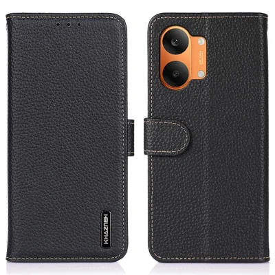 KHAZNEH For Xiaomi Poco X8 Pro Max 5G / Redmi Turbo 5 Max 5G Wallet Case Litchi Texture Genuine Cow Leather Flip Phone Cover - Black