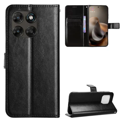 For Motorola Moto G Max 5G / G87 5G / G77 5G / G67 5G PU Leather Case with Strap Crazy Horse Texture Phone Wallet Cover - Black