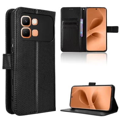 Étui portefeuille en cuir pour Infinix Note Edge 5G avec dragonne, housse téléphone texture diamant - Noir