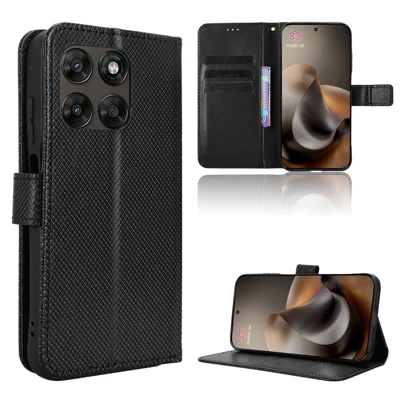 For Motorola Moto G Max 5G / G87 5G / G77 5G / G67 5G Leather Wallet Case with Strap Diamond Texture Phone Cover - Black