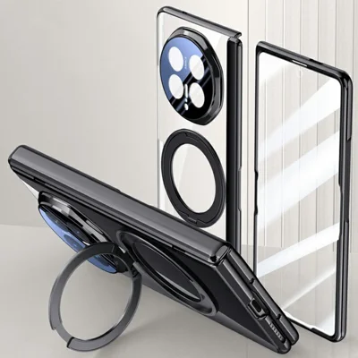 Funda magnética con soporte para Honor Magic V6 5G, carcasa de PC con recubrimiento electrolítico y protector de pantalla integrado - Negro