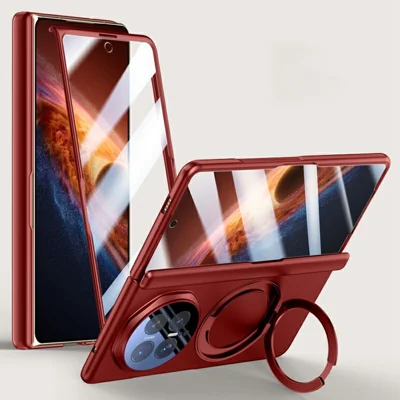 Funda para Honor Magic V6 5G con tapa, soporte ajustable, textura tacto suave, carcasa de policarbonato con protector de pantalla integrado - Rojo