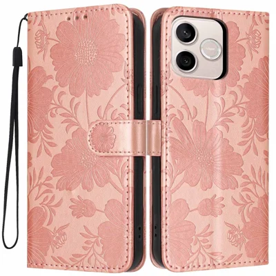 Capa Carteira para Honor 600 Lite 5G com Estampa Floral em Couro Sintético, Capa de Abertura com Suporte e Alça de Pulso - Dourado Rosa
