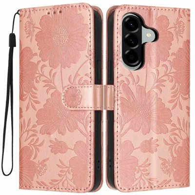 Wallet Case For Samsung Galaxy A16 5G  /  4G Imprint Floral PU Leather Stand Flip Phone Cover with Wrist Strap - Rose Gold