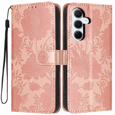 For Samsung Galaxy A55 5G Wallet Case Imprint Floral PU Leather Stand Flip Phone Cover with Wrist Strap - Rose Gold