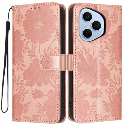 Funda tipo cartera para Honor 400 Pro 5G (Global), con estampado floral, de cuero PU, con soporte y correa de muñeca - Dorado rosa