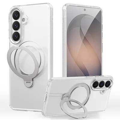 For Samsung Galaxy S26 Magnetic Case Drop Proof TPU PC Kickstand Phone Cover - Transparent