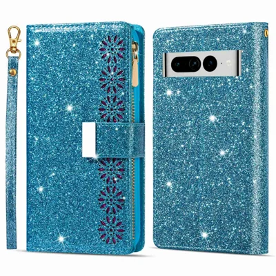 For Google Pixel 7 Pro 5G Zipper Wallet Stand PU Leather Phone Case Flip Laser Carving Glittery Starry Style Shockproof Phone Cover with Strap - Blue