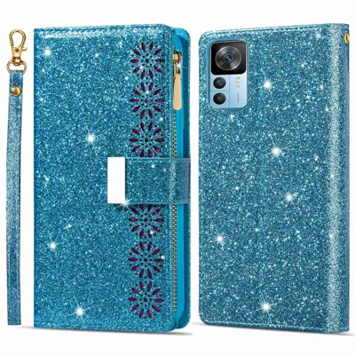 For Xiaomi 12T 5G / 12T Pro 5G / Redmi K50 Ultra 5G Zipper Wallet Stand Anti-drop PU Leather Phone Case Flip Laser Carving Glittery Starry Style Phone Cover with Strap - Blue
