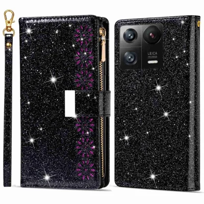 Für Xiaomi 13 Flip Phone Cover Laserschnitzer Glitzernder Sternenstarstil Reißverschluss Brieftasche PU Leder Telefonhülle Mit Riemen - Schwarz